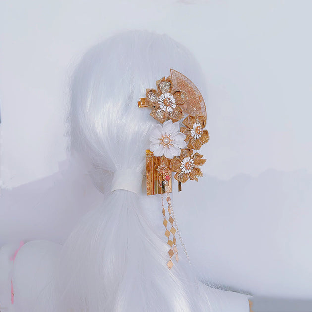 Accessory handmade tsumami kanzashi hair clip set 【golden sakura