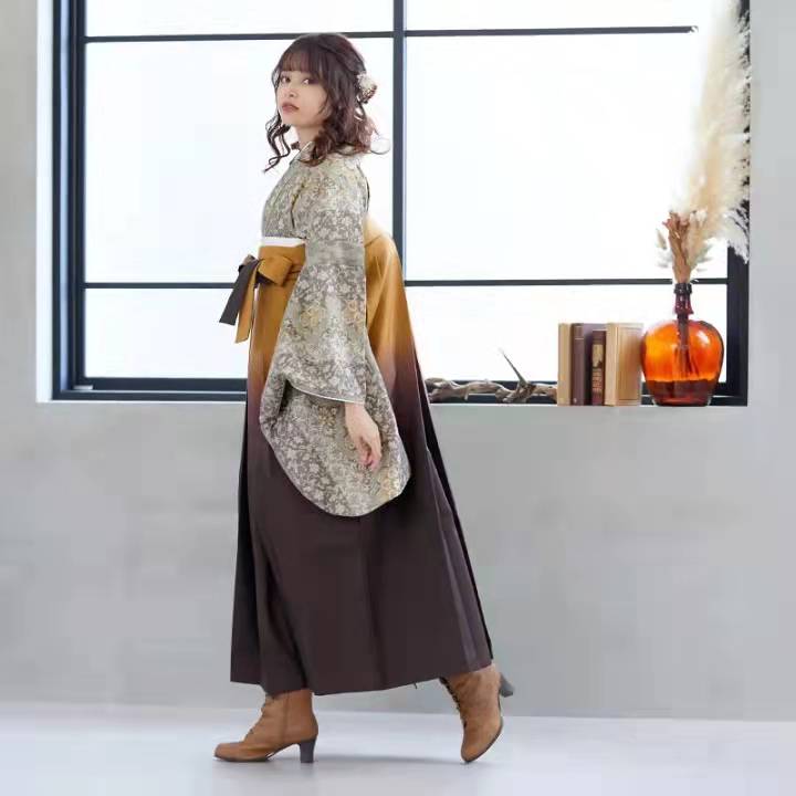 Floral Kimono & Brown Hakama Set