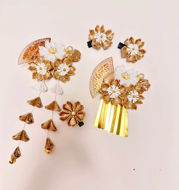 Handmade Tsumami Kanzashi Hair Clip 5 Piece Set 【Golden Sakura】