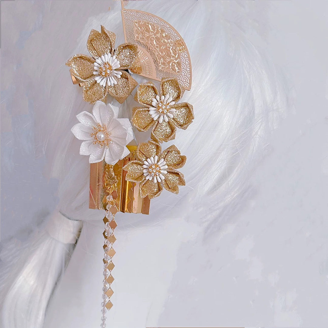 Accessory handmade tsumami kanzashi hair clip set 【golden sakura