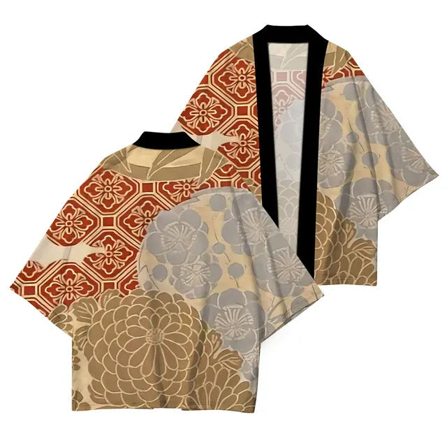 Two patterned kimono jackets on a white background