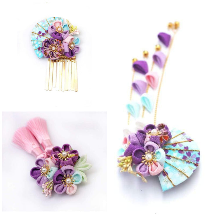 Handmade Tsumami Kanzashi Hair Clip 3 Piece Set 【Blue & Purple Sakura】