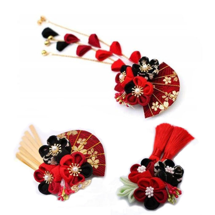 Handmade Tsumami Kanzashi Hair Clip 3 Piece Set 【Red & Black Sakura】