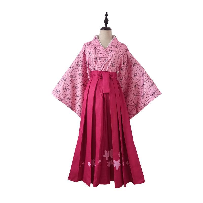 Women Pink Hemp Leaf Kimono Hakama Set | Traditional Kimono Shop | Foxtume L Women Pink Hemp Leaf Kimono Hakama Set | Traditional Kimono Shop | Foxtume L