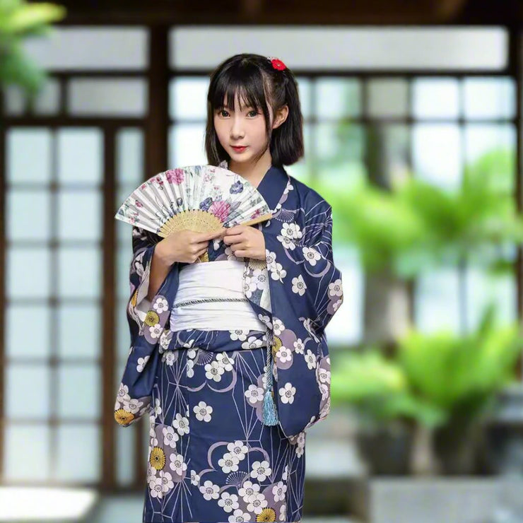 Women Midnight Plum Blossom Yukata and Obi Belt Set