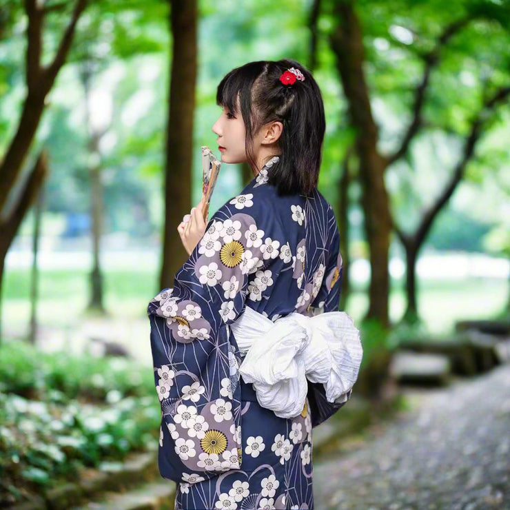 Women Midnight Plum Blossom Yukata and Obi Belt Set