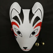 A hand-painted Kitsune (fox) mask with a strap, designed to resemble a cat's face with curved markings.