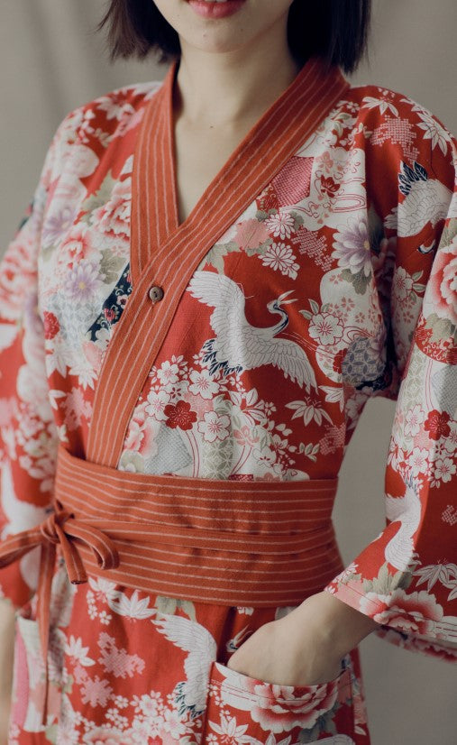 Red Crane Floral Pattern Obi Belt Women Yukata Nightwear
