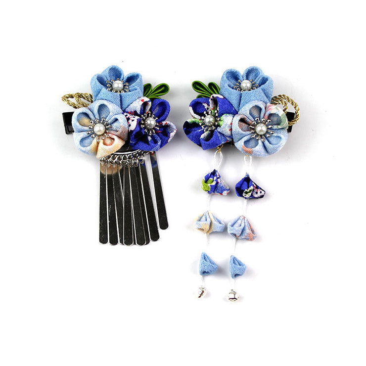 Handmade Tsumami Kanzashi Hair Clip 2 Pieces Set 【Blue Sakura】