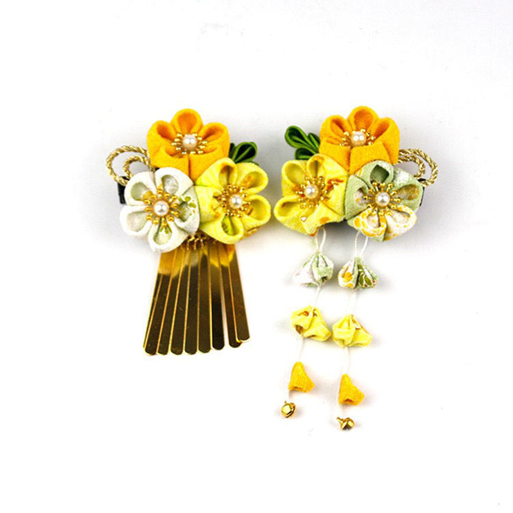 2 Pieces Set of Handmade Tsumami Kanzashi Hair Clip【Yellow Sakura】