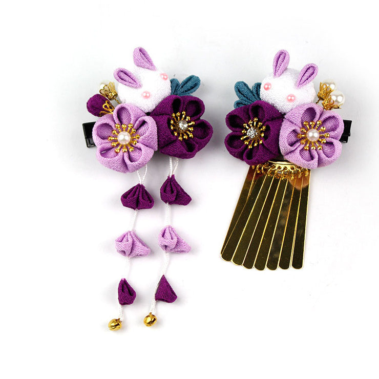2 Pieces Set of Handmade Tsumami Kanzashi Hair Clip【Purple Sakura x Rabbit】