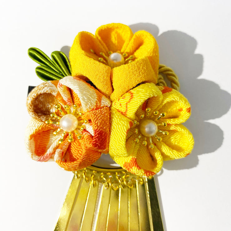 Handmade Tsumami Kanzashi Hair Clip 2 Pieces Set 【Yellow Sakura】
