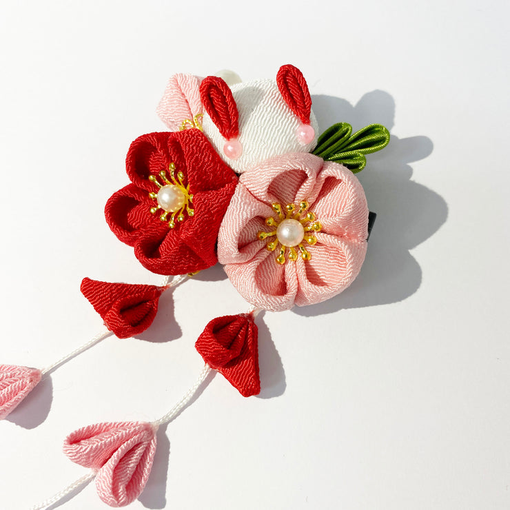 Handmade Tsumami Kanzashi Hair Clip 2 Pieces Set 【Red Sakura x Rabbit】