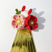 2 Pieces Set of Handmade Tsumami Kanzashi Hair Clip【Red Sakura x Rabbit】