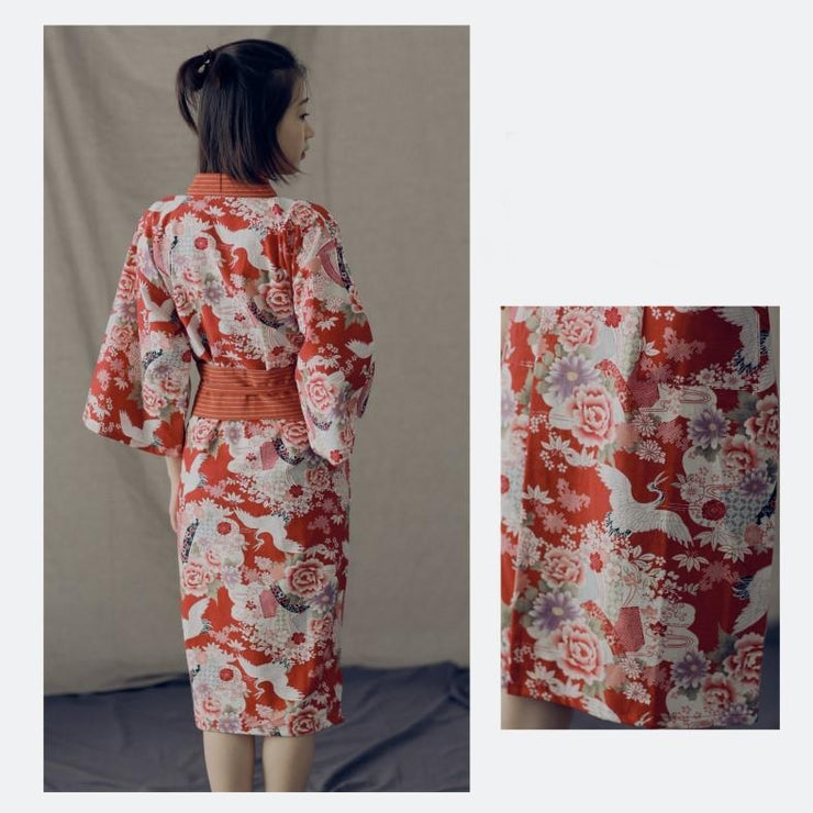 Red Crane Floral Pattern Obi Belt Women Yukata Nightwear