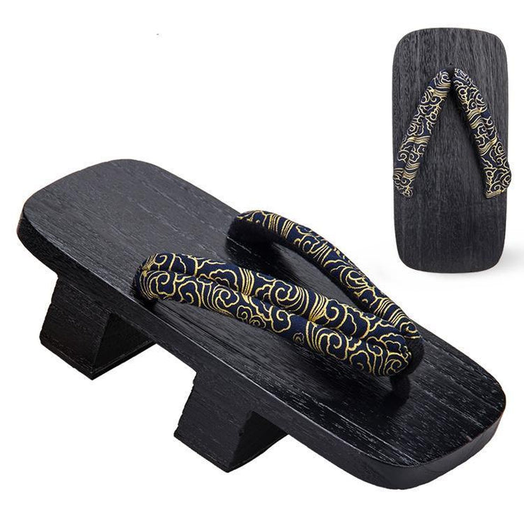 Black Men Two Teeth Geta Wooden Sandals [Nimbus Cloud Pattern] | Foxtume