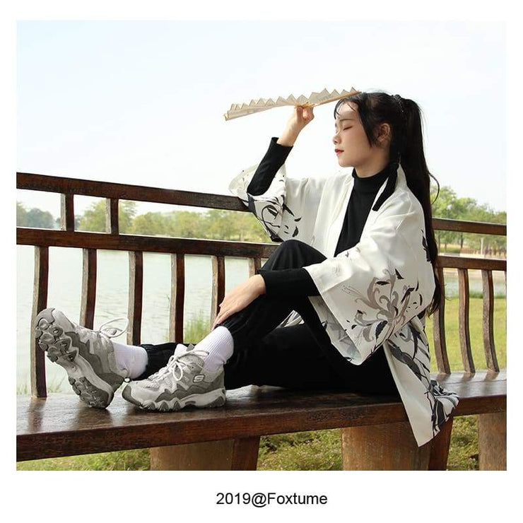 Haori | Black & White Raven Kimono Cardigan | Foxtume