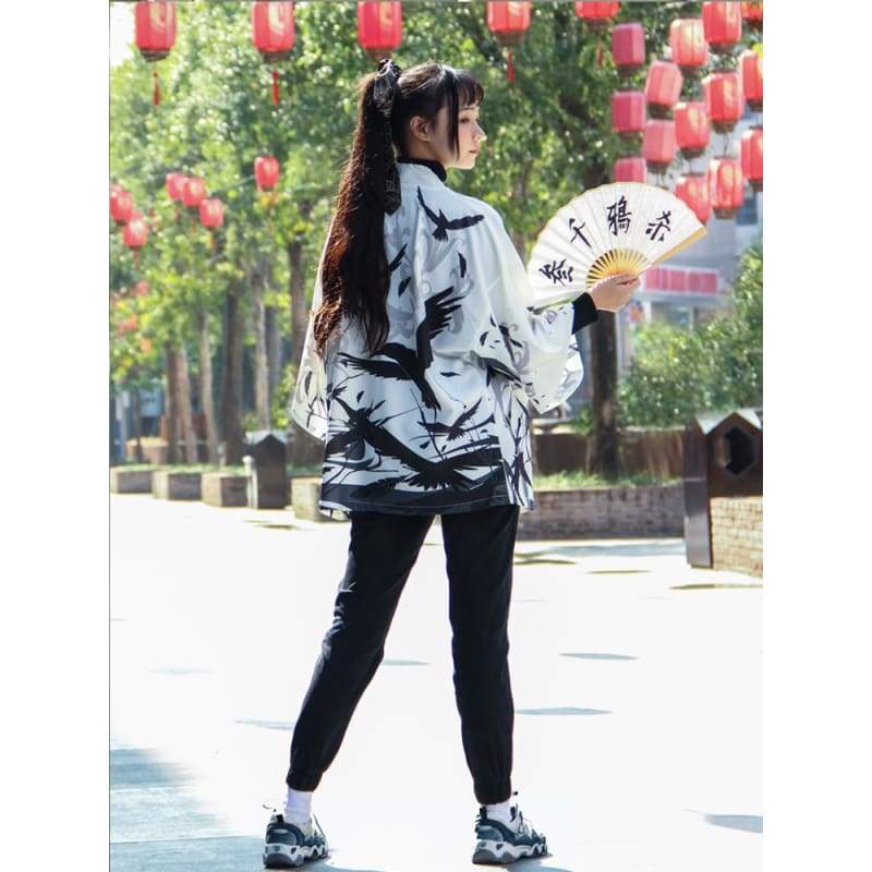 Kimono Cardigan - Black and White Raven - Foxtume.com