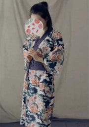 Yukata | Blue Crane Floral Pattern Obi Belt Women Nightwear | Foxtume