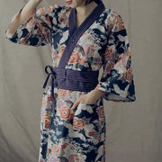 Yukata | Blue Crane Floral Pattern Obi Belt Women Nightwear | Foxtume