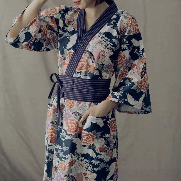 Yukata | Blue Crane Floral Pattern Obi Belt Women Nightwear | Foxtume