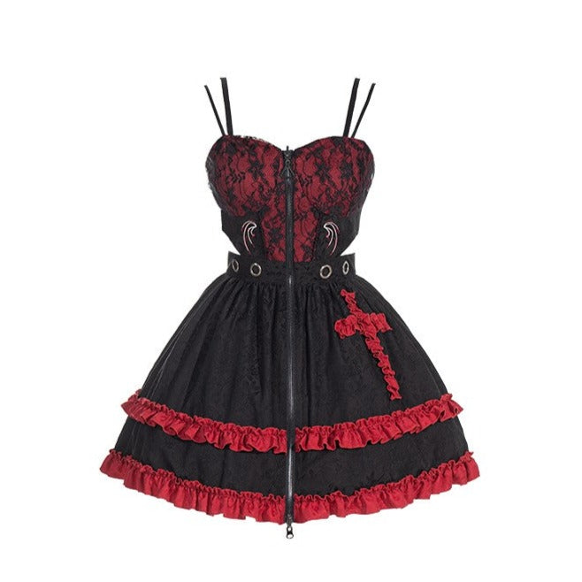 Dark Punk Lolita Black and Red Lace Dress