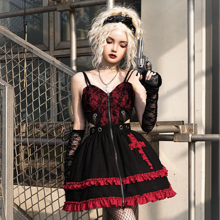 Dark Punk Lolita Black and Red Lace | Foxtume