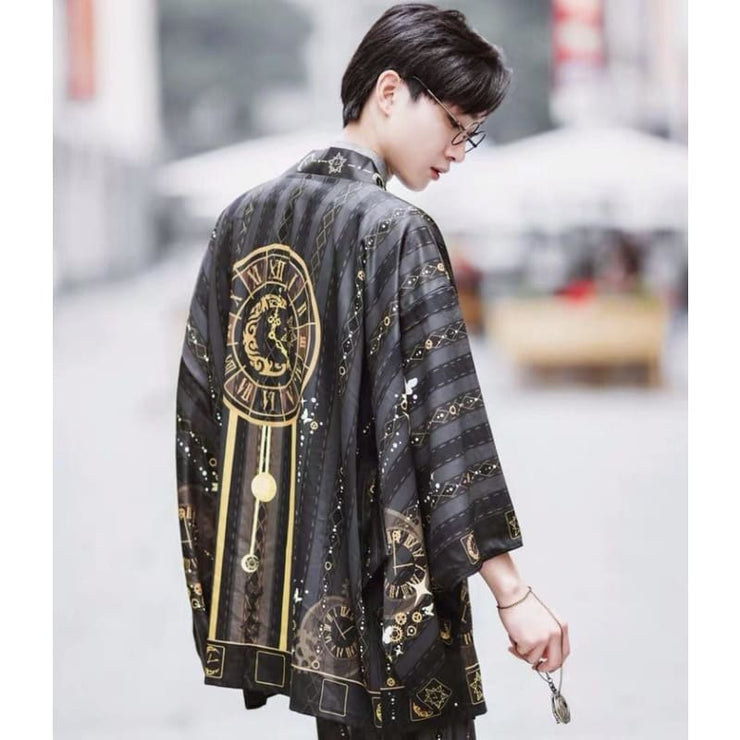 Haori | Golden Vintage Clock Kimono Cardigan | Foxtume