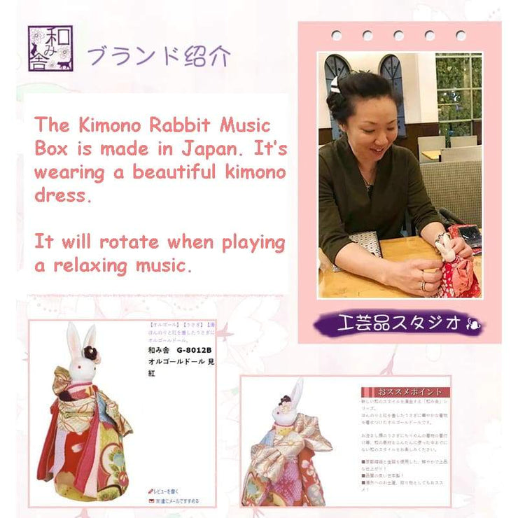 | Handmade Japanese Kimono Rabbit Music Box - Deluxe Bow Pink | Foxtume