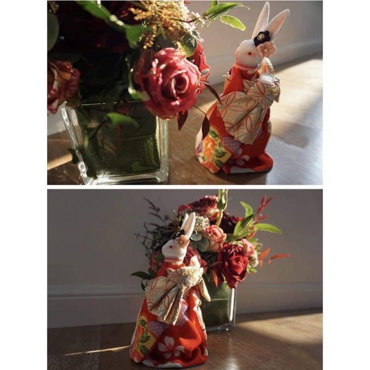 | Handmade Japanese Kimono Rabbit Music Box - Deluxe Bow Red | Foxtume