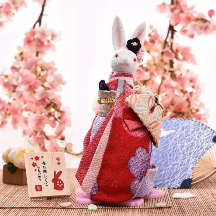 | Handmade Japanese Kimono Rabbit Music Box - Deluxe Bow Red | Foxtume