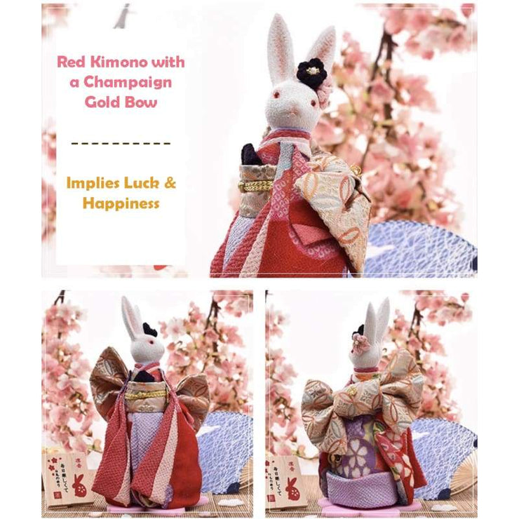 | Handmade Japanese Kimono Rabbit Music Box - Deluxe Bow Red | Foxtume