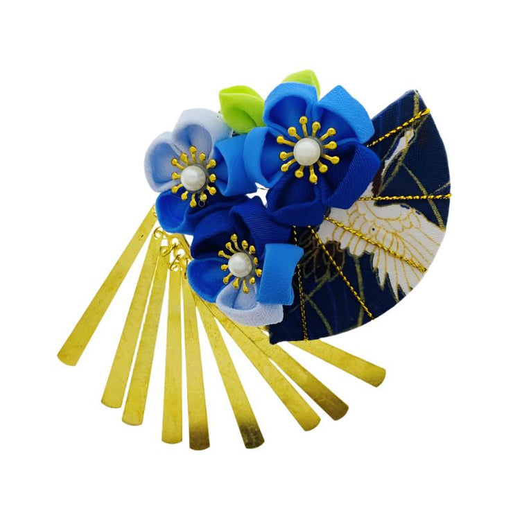 Accessory - Handmade Tsumami Kanzashi Hair Clip 【blue Crane X Hand Fan】 - Foxtume