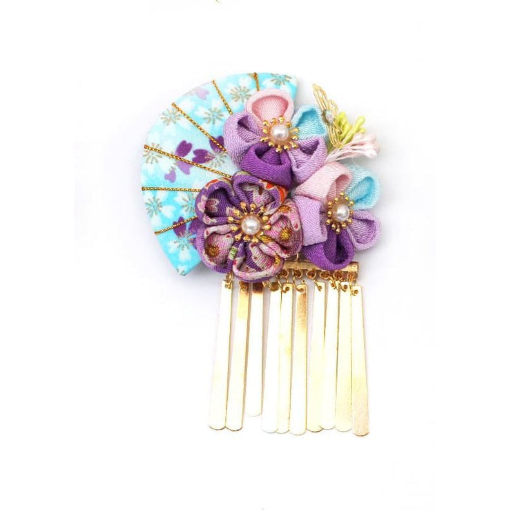 Accessory - Handmade Tsumami Kanzashi Hair Clip 【blue & Purple Sakura】 - Foxtume