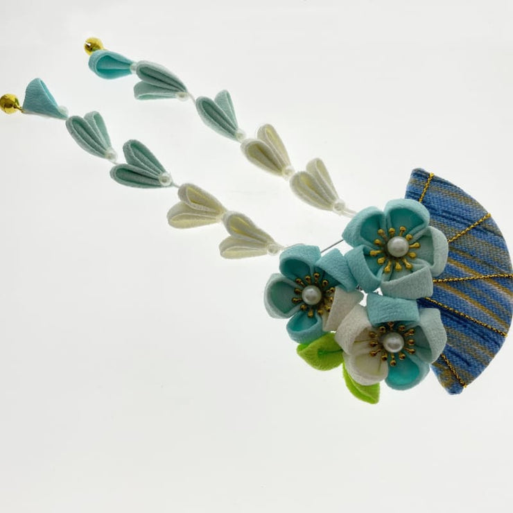 Accessory - Handmade Tsumami Kanzashi Hair Clip [blue Wave X Hand Fan] - Foxtume