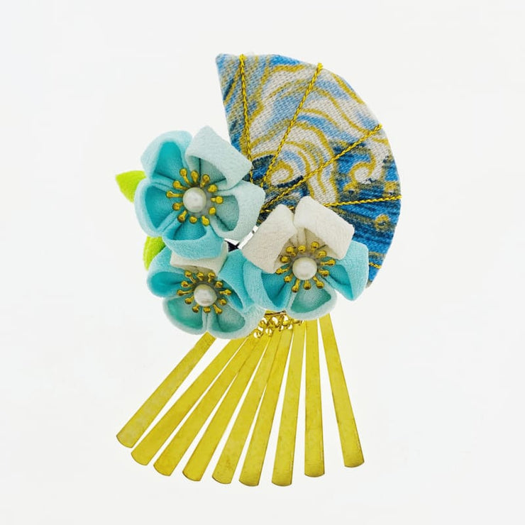 Accessory - Handmade Tsumami Kanzashi Hair Clip [blue Wave X Hand Fan] - Foxtume