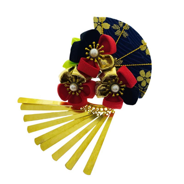 Accessory - Handmade Tsumami Kanzashi Hair Clip 【golden Sakura X Hand Fan】 - Foxtume