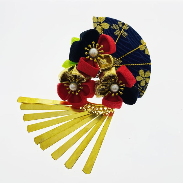 Accessory - Handmade Tsumami Kanzashi Hair Clip 【golden Sakura X Hand Fan】 - Foxtume