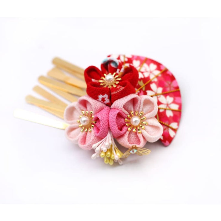 Accessory - Handmade Tsumami Kanzashi Hair Clip ]【red & Pink Sakura】 - Foxtume