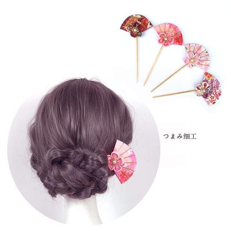 Accessory | Handmade Japanese Traditional Tsumami Kanzashi Hair Pin [Sakura X Hand Fan] | Foxtume