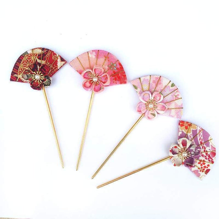 Accessory | Handmade Japanese Traditional Tsumami Kanzashi Hair Pin [Sakura X Hand Fan] | Foxtume