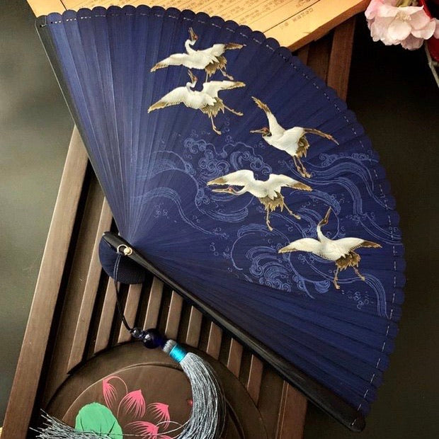 Japanese Folding Fan 【Cranes and Japanese Wave】