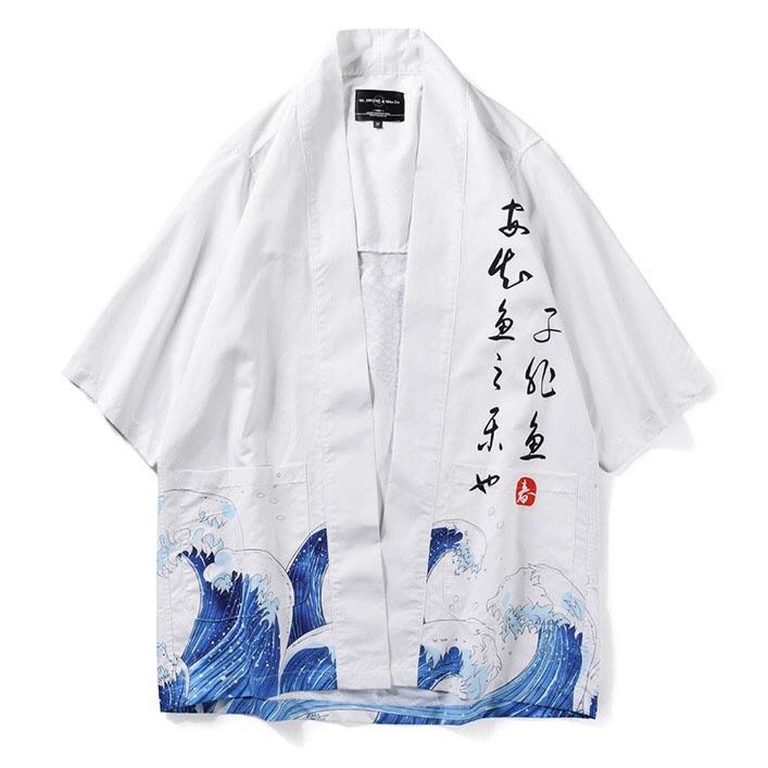 Haori | Jumping Koi & The Ocean Printed Men Kimono Jacket | Foxtume