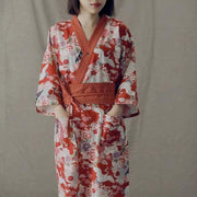 Yukata | Red Crane Floral Pattern Obi Belt Women Nightwear | Foxtume