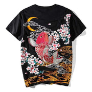 T-Shirt | Sakura Jumping Koi & Golden Wave Embroidered | Foxtume