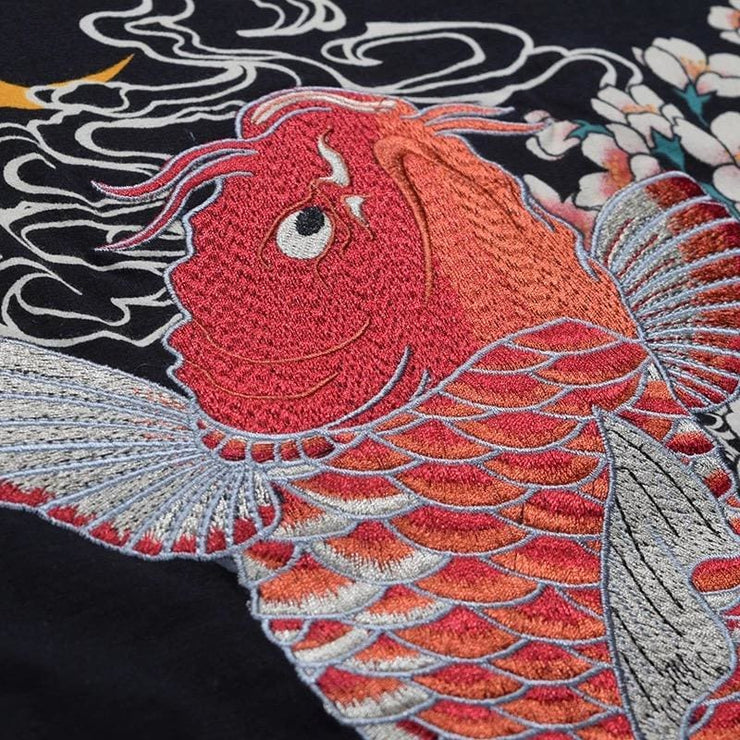 T-Shirt | Sakura Jumping Koi & Golden Wave Embroidered | Foxtume