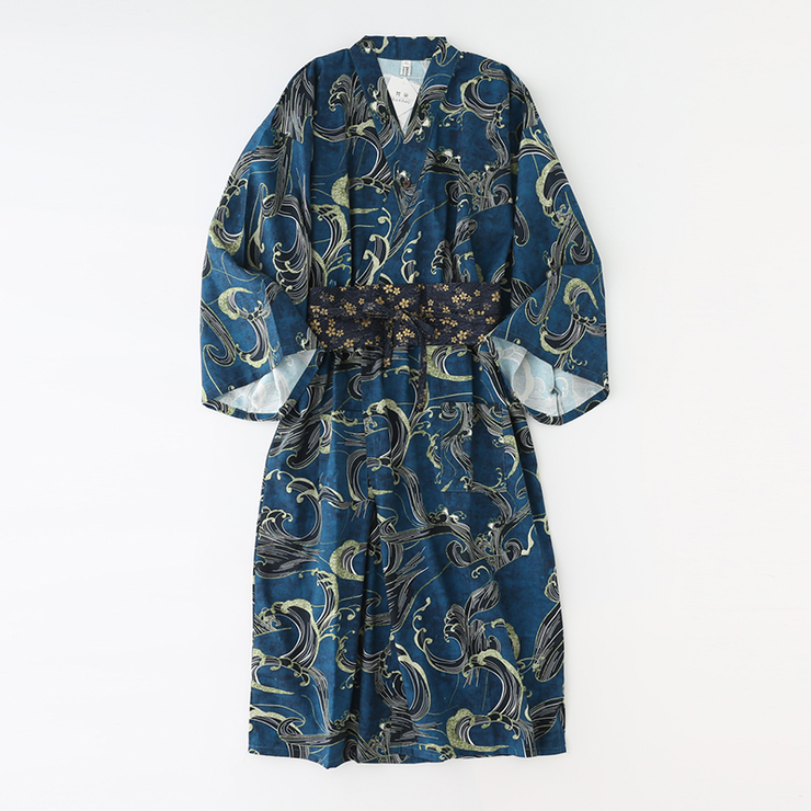 Blue Wave Pattern Obi Belt Women Yukata Nightwear