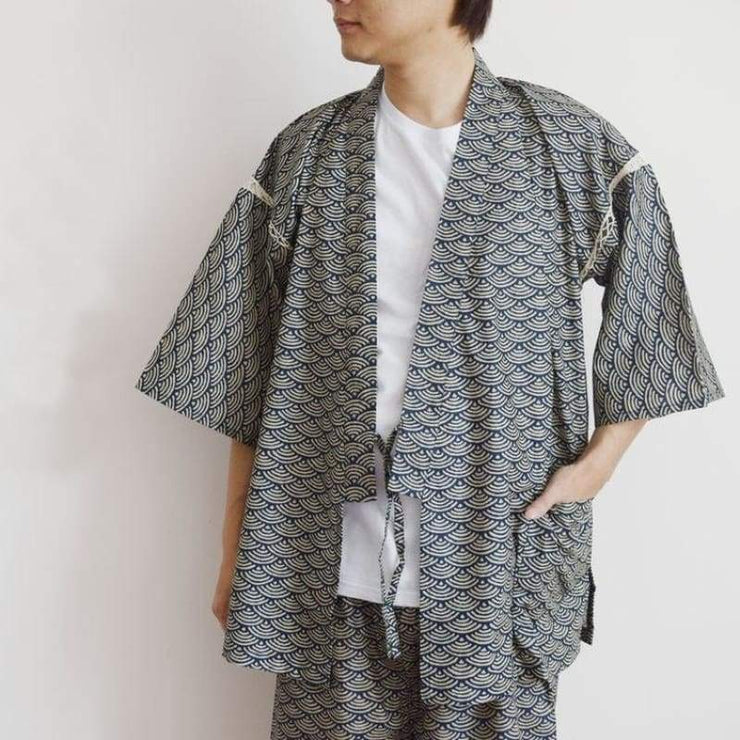 Jinbei | Traditional Japanese Seigaiha Ocean Wave Pattern Night Wear | Foxtume