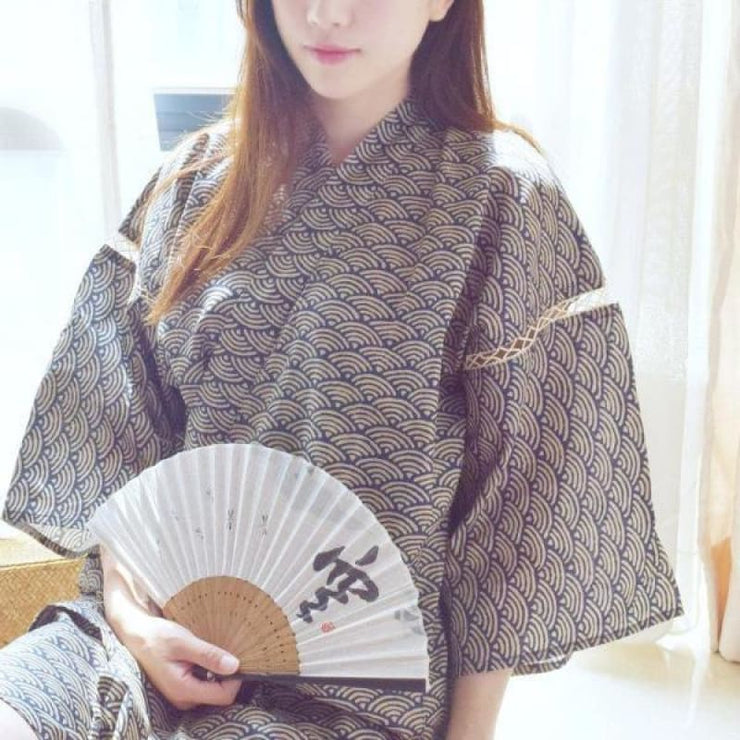 Yukata | Traditional Seigaiha Ocean Wave Pattern Womens Jinbei | Foxtume