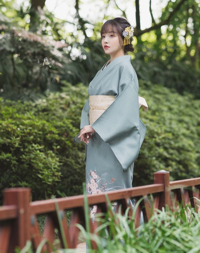 Women Japanese Festival Wear Green Yukata with Obi